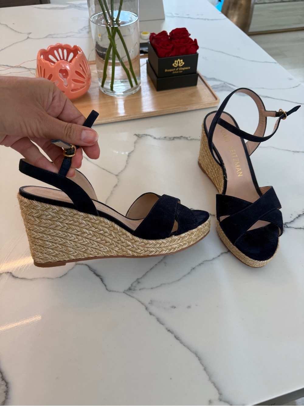 Stuart Weitzman Navy Suede Espadrille Wedge Sandals with Ankle Strap - Picture 2 of 5